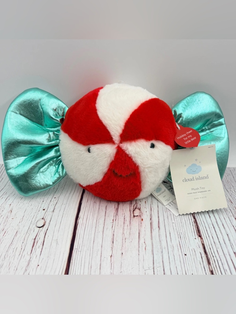 Cloud Island Red & White Peppermint Plush Pillow with Teal Metallic Bow